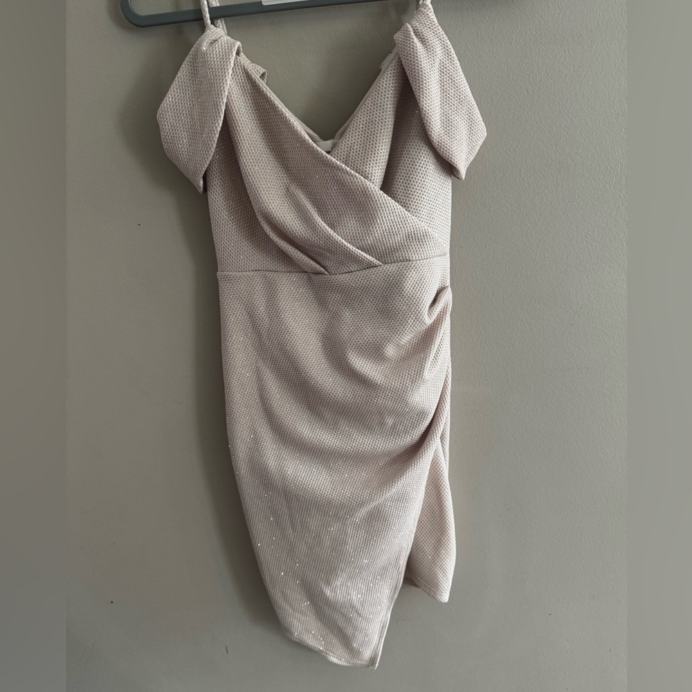 Hoco dress!! Cream asymmetrical drop shoulder dress with sparkle